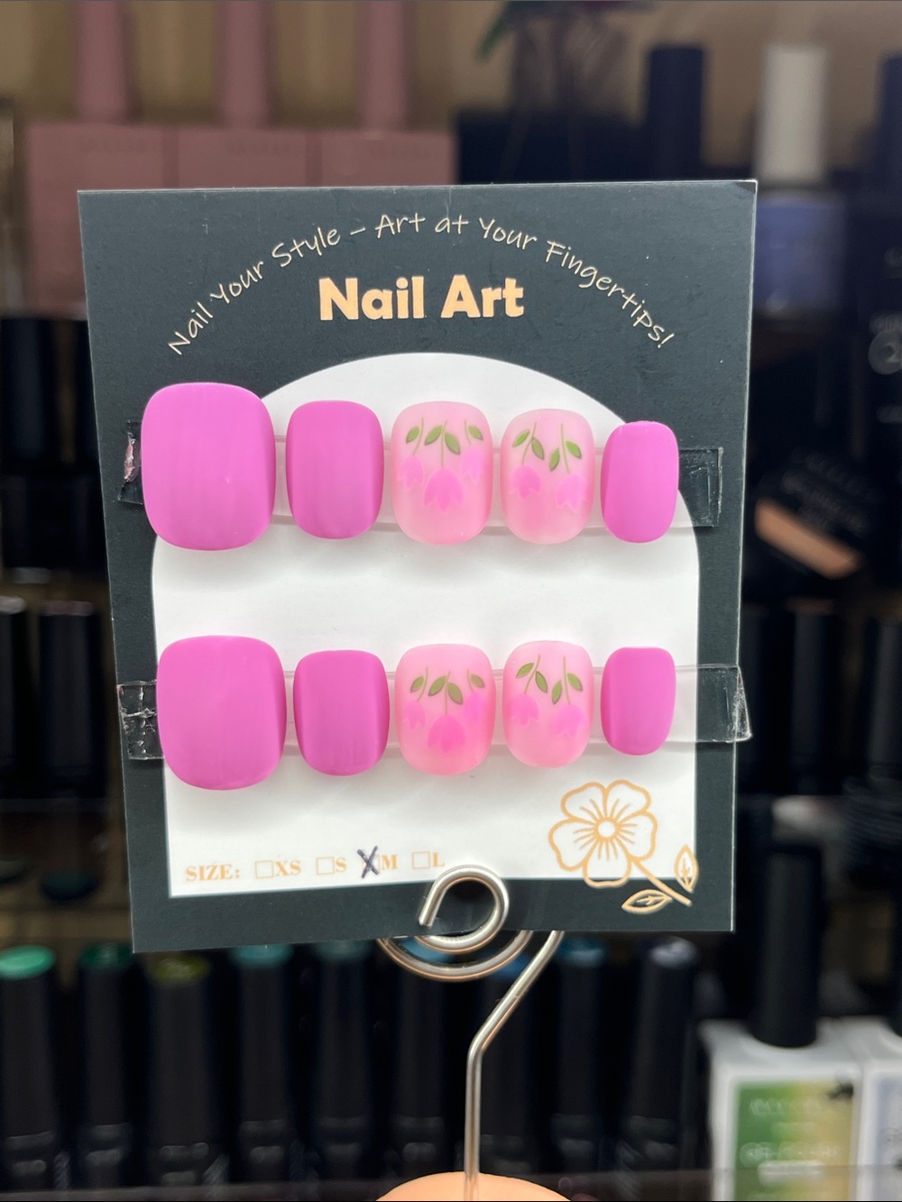 Press-On Nails - Purle & Pink Floral Design matte rounded square Medium
